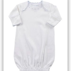 The Proper Peony Layette Dotson Sack white Newborn gown with blue trim, like-new